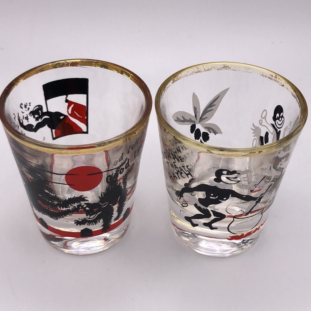 VTG 1960’s Good Luck Black Cat & Cannibal Shot Glass Halloween Bar Ware Pair.